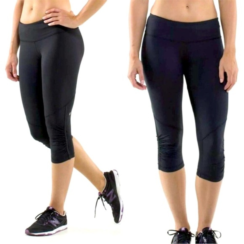 Lululemon Run For‎ Your Life Crop Women Black Capri Crop Ruched Mesh Leg